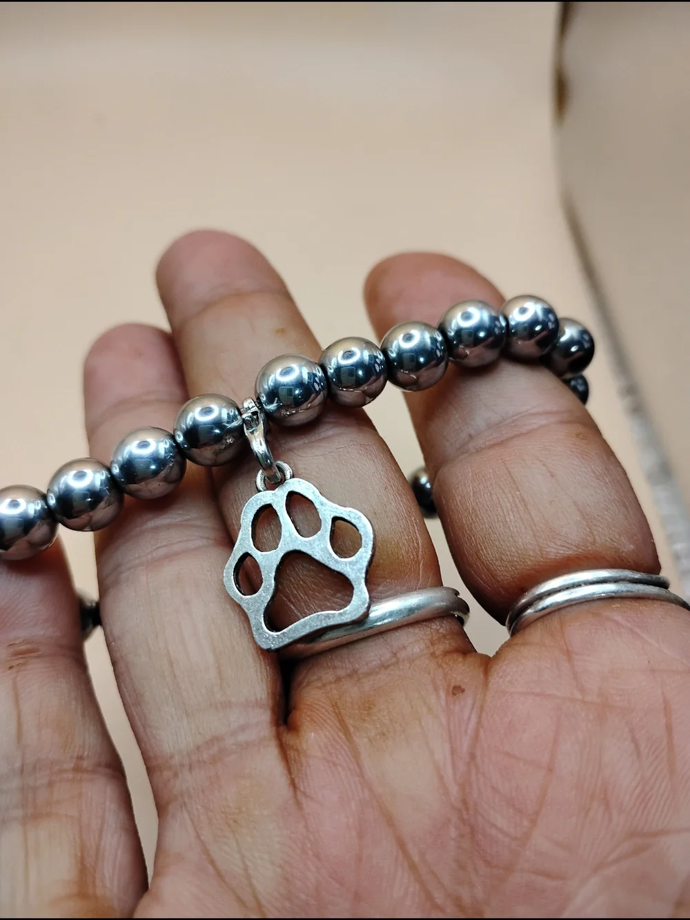 Silver Beaded Bracelet with Paw Charm - Unbranded